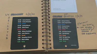 Two pages in a sketchbook showing the back of a conference name badge, displaying the schedule. One is for 2020 and one is for 2022.