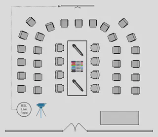 A long table with a paper tablecloth is shown in the centre of the room. Full description in text below.