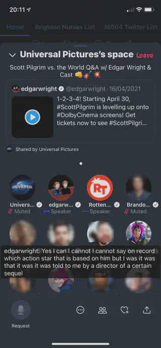 Screenshot of a Twitter Rooms meeting in progress featuring Tweets and live audio discussion