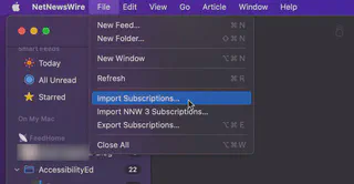 NetNewsWire top menu, file, then import subscriptions option
