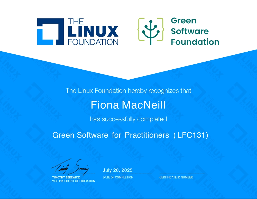A copy of Fiona's certificate from The Linux Foundation and the Green Software Foundation is shown